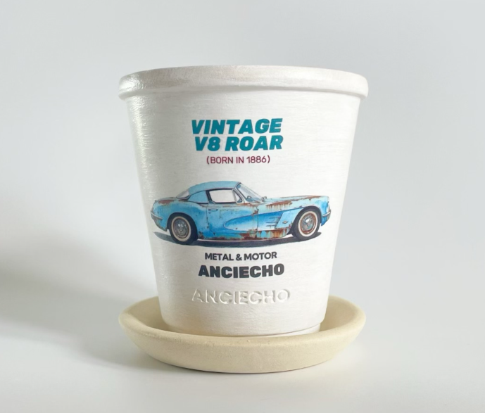 White Vintage Car Blue Flame Ceramic Planter Pot