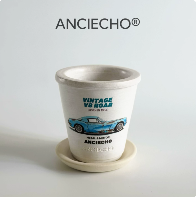 White Vintage Car Blue Flame Ceramic Planter Pot